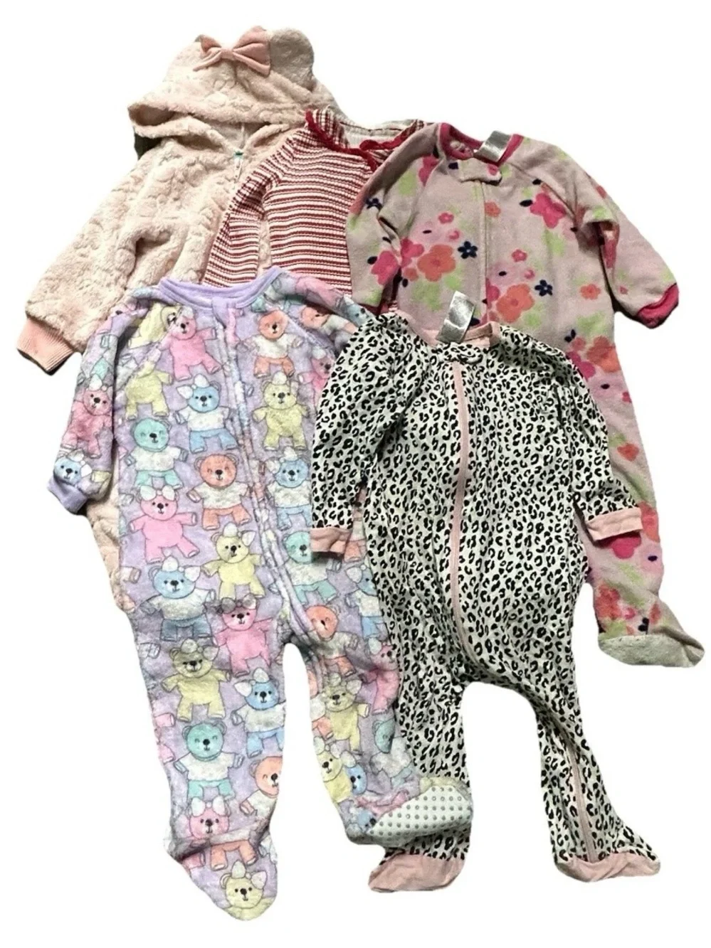 Baby Girl Footie Pajamas Fleece Winter Bears Minnie Mouse Size 6-9 Months